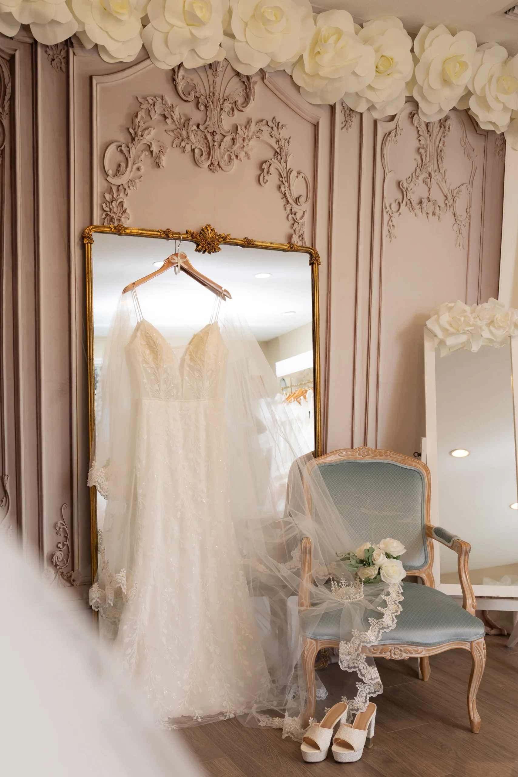 Bride trying on gown at Diane Bridal boutique