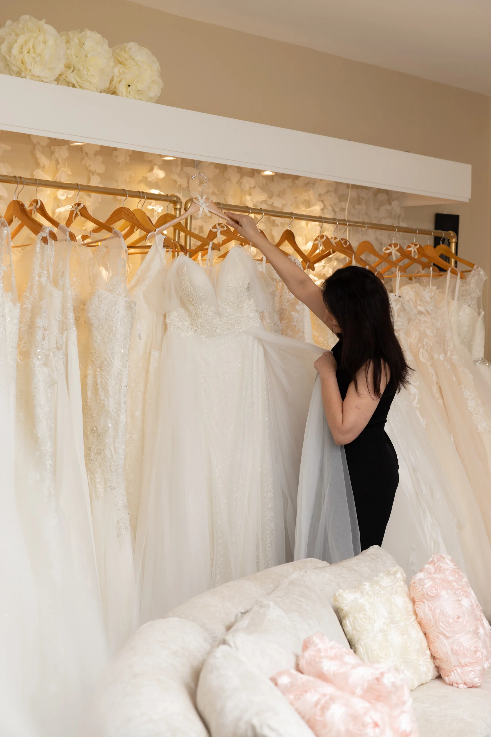 Wedding gown with flowing train and elegant silhouette